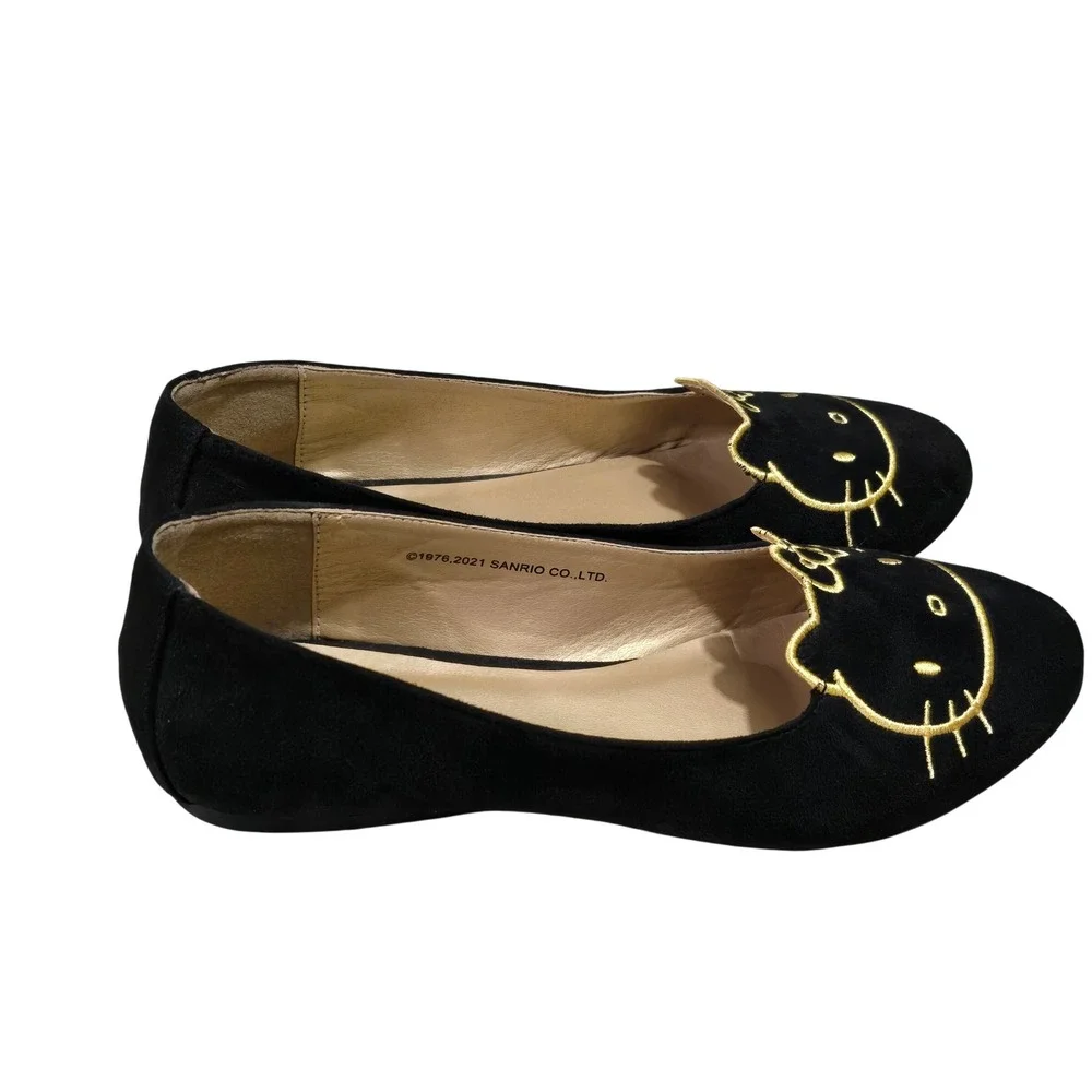 ModCloth Hello Kitty Ballet Flats Womens Gold Embroidered Black Suede Size 9